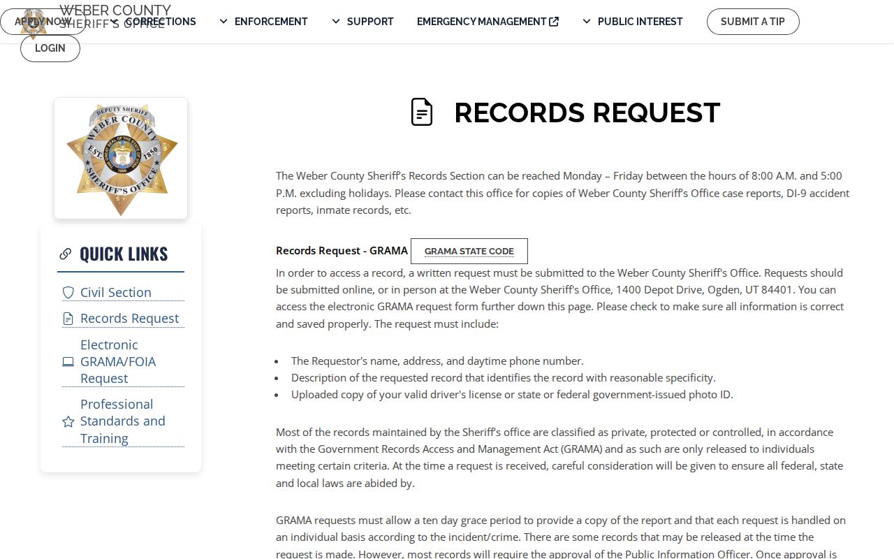 Weber County warrant records access, Sheriff's Records Section information