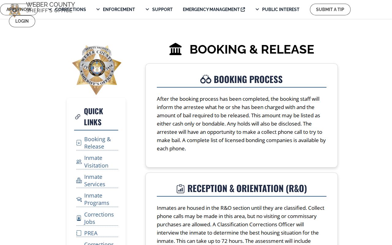 Weber County warrant and booking process information from the Sheriff