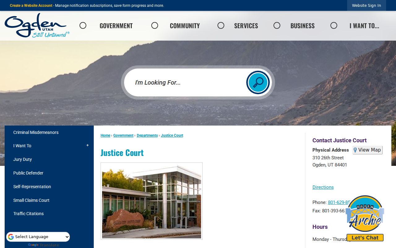 Weber County traffic warrant court route, Ogden Justice Court page