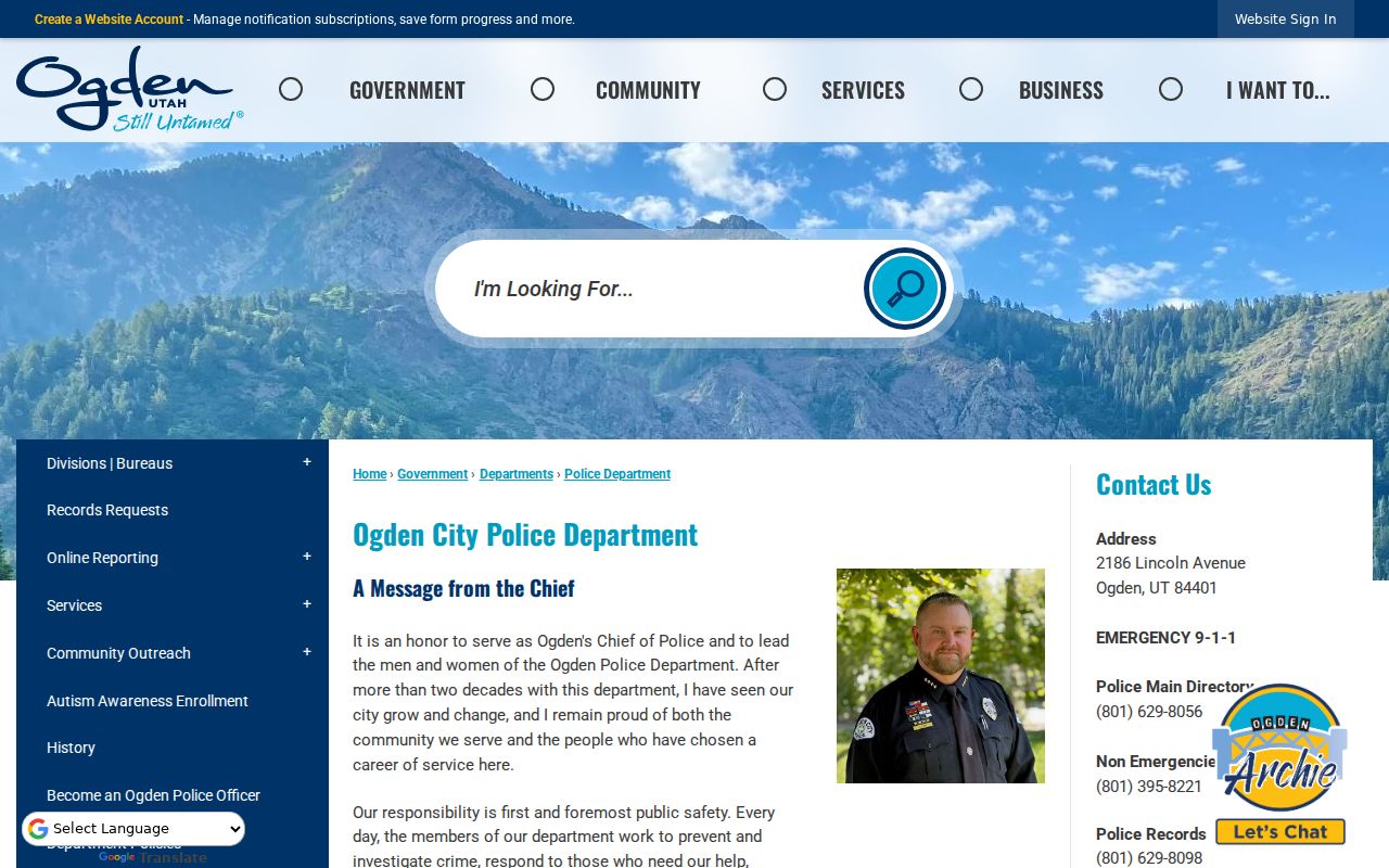 Ogden warrant records route, Ogden Police Department official contact page