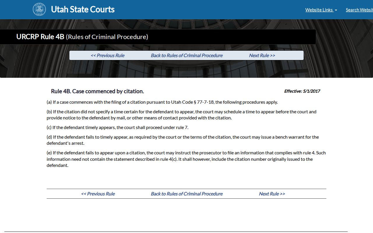 Weber County bench warrant process, Utah Rule 4B citation reference