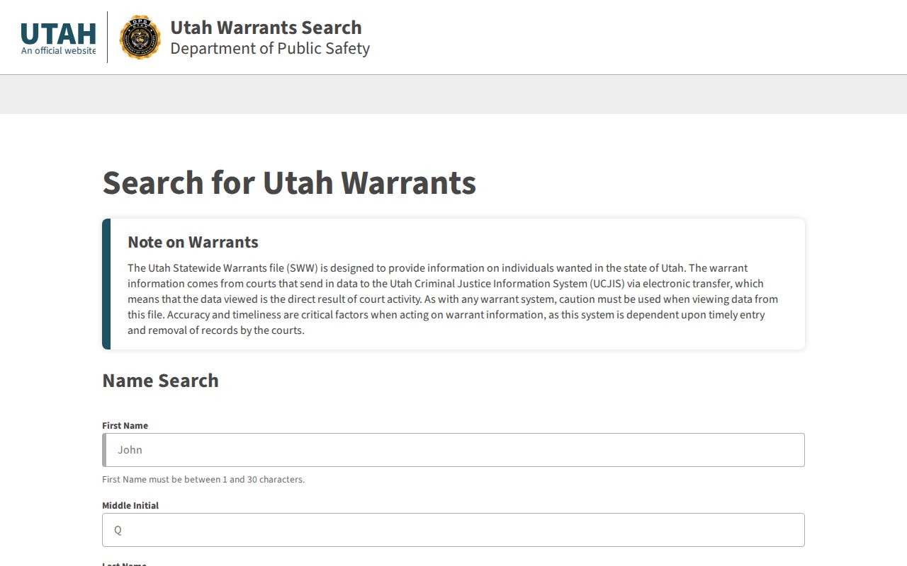 Weber County warrant search, Utah Statewide Warrants portal interface