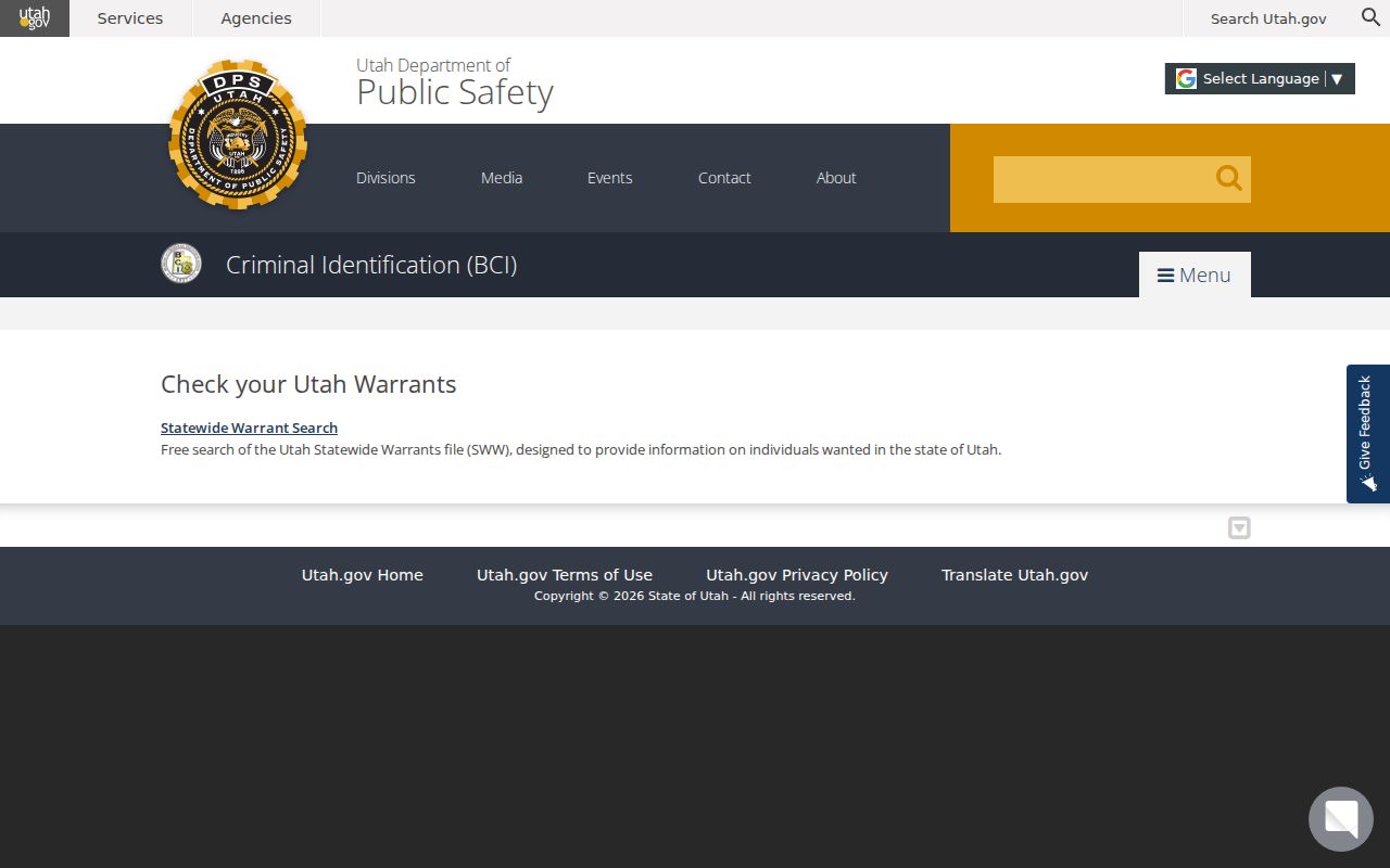 Weber County warrant search, Utah BCI public search landing page